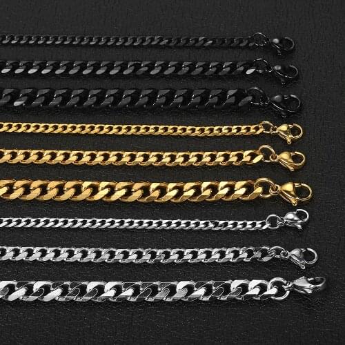 Simple 3-7mm Stainless Steel Cuban Link Chain Necklaces For Men Jewelry Gold Black Silver Color Miami Curb Chain KN197KB217