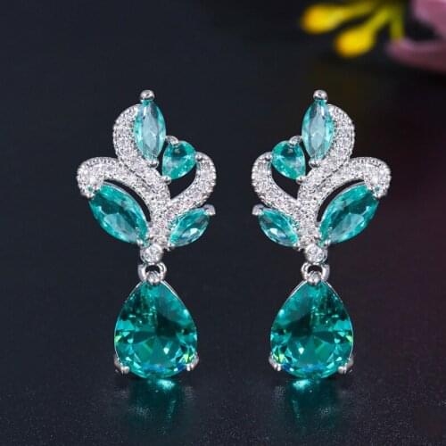 Green Crystal Flower Earrings Jewellery for Women 2021 Fashion Water Drop Eardrop Luxury Wedding Jewelry Statement Dangle