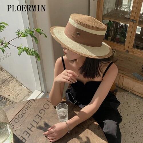 Women Black White Fashion Straw Hat Ribbon Letter Brim Boater Hat Derby Beach Sun Hat Cap Lady Summer Wide Brim UV Protect Hats