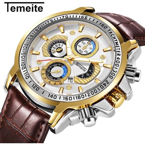 TEMEITE Sports Casual Quartz Watch Leather Strap Men Watches Three Eyes Decoration Luminous Hands Fashion Calendar Wrist Watches