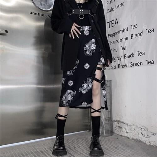 Vintage Printed Summer Skirts Women Korean High Waist Split with Belt Buckle Asymmetry Hip Pop Cool Skirt Girls Streetwear Z564