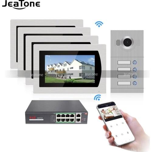 Jeatone 7'' Tuya WIFI IP Touch Screen Video Intercom Video Door Phone for 4 Separate Apartments, Supporting Phone Remote Control