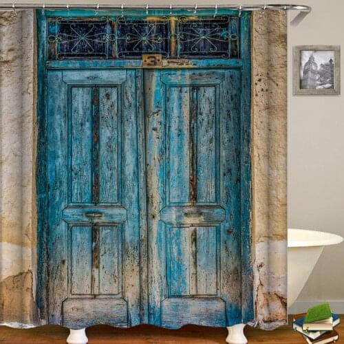 Farmhouse Shower Curtain Cloth Blue Bathroom Curtain Vintage Door Farmhouse Decor Rideau De Douche House Door Bath Cortina 3D