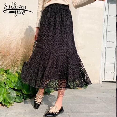 2020 Korean Lace Shirt Women Fashion Spring High Wait Black Causal Midi Skirts Plus Size Elastic Waist Vintage Skirts 8773 50