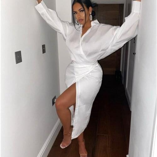 Tunic Robe Split Dress 2021 Summer Womens Fashion Shirt Midi Dress Retro Long Sleeve V-neck Chic Solid Dress Vestidos Mujer