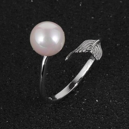 Female Imitation Pearl Open Adjustable Ring Silver Plated Mermaid Tail Bridal Engagement Wedding Bands Rings For Women