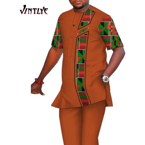 African Dashiki Men Suits Nigerian Agbada Robe Clothes 2 Piece Sets Patchwork Shirt and Pants Men African Boubou Outfits WYN1353