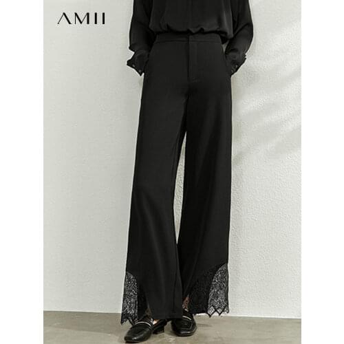 AMII Minimalist Summer Creative Design Wide Leg Pants Fashion Women Lace Hollow Out High Waist Solid Female Pants 12040215