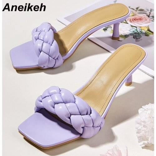 Aneikeh Shoes Summer Fashion PU Shallow Braided Tape Ladies Slippers 2021 New Sandals Sexy Thin Heels Head Peep Toe Size35-41