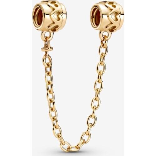 925 Steling silver Hearts Safety Chain Charms with Gold Fit Beads Bracelets Bangles DIY For Jewelry Making