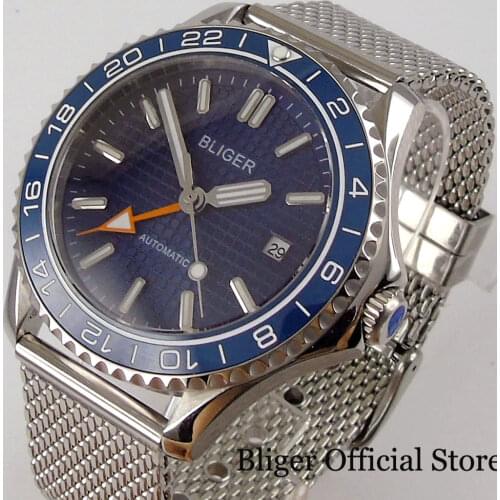 BLIGER GMT Mechanical Automatic Fashional Blue Dial Men Watch Date Flat Sapphire Glass Screw Corwn Mental Band Unidirectional