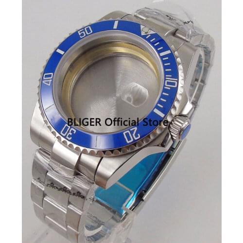 BLIGER 40mm Solid 316L Stainless Steel Case Blue Ceramic Bezel With Stainless Band Watch Case Fit For ETA 2836 Movement C26