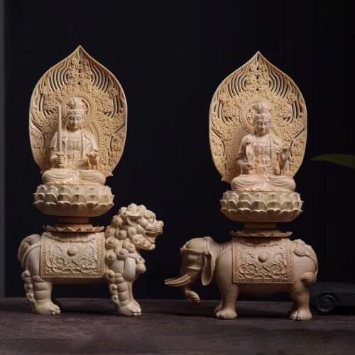 Cypress Wood 36cm Manjushri Samantabhadra Bodhisattva Figure Sculpture Riding Elephant Lion Buddha Statue Home Decor