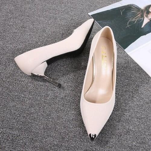 Designer Women Pumps PU Slip On 6CM Thin High Heels Pointed Toe Metal decoration Shallow mujer bombas women shoes size 35-42