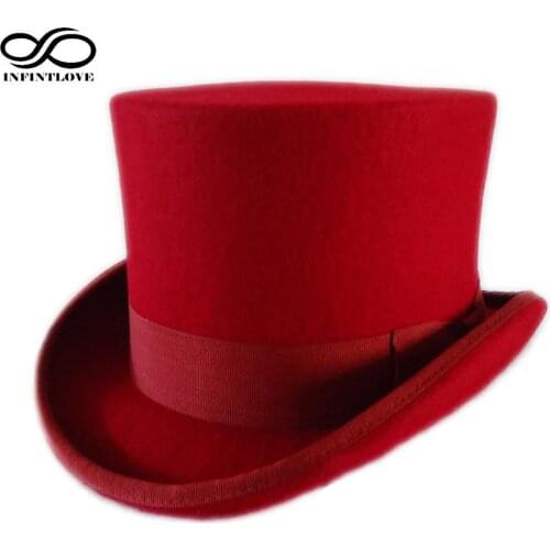 LUCKYLIANJI 13.5cm Red Color Steampunk Victorian Formal Top Wool Felt Vintage Magician Fedoras Mad Hatter President Bowler Hat