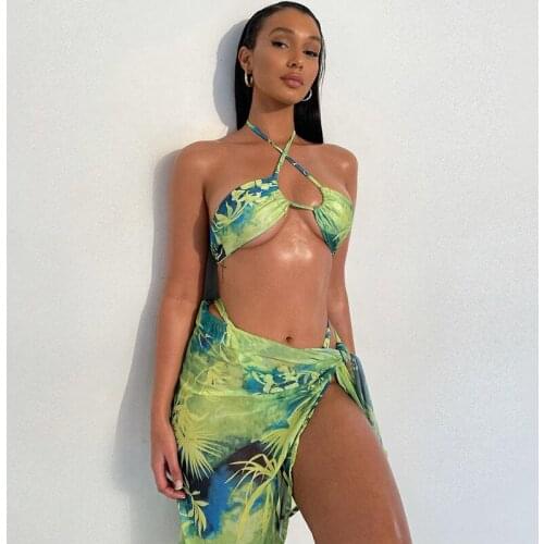 Bikinis Set Printing Breast Wrapping Halter Vest Miniskirt Three Piece Set Swimsuit Women Sexy Swimwear