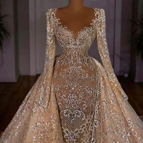 2021 Champagne Lace Wedding Dresses with Detachable Train Long Sleeves Beaded Bridal Gowns Custom Made robes de mariée