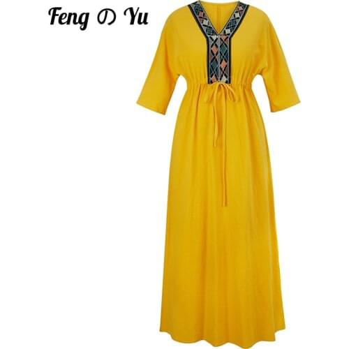 Linen Dress Ladies Neckline Embroidered Dress Elegant Ethnic Bohemian Sleeve Yellow Beach Dress Ladies Party 2021