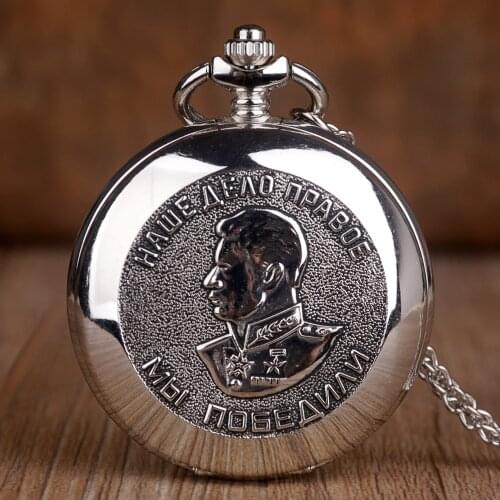 Fashion Silver Portrait of Stalin of Russias Leader Quartz Pocket Watch Necklace Pendant Fob Clocks Gifts for Men Women