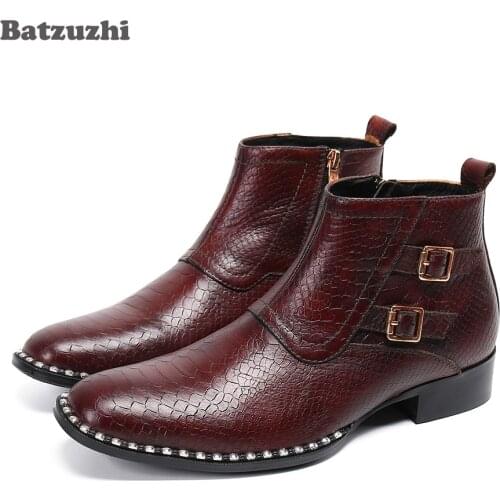 Batzuzhi Handmade Mens Leather Boots Short Brown Genuine Leather Boots Men Buckle Zip Motorcycle Business Boots Botas Hombre