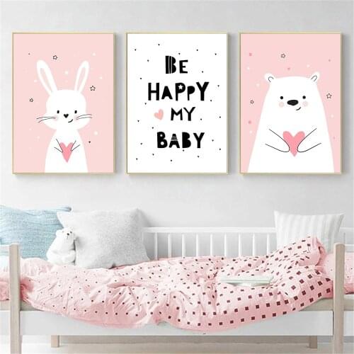 Nursery Wall Painting Pink Heart Bear Poster Rabbit Canvas Print Be Happy My Baby Quote Wall Art Pictures Nordic Kids Room Decor