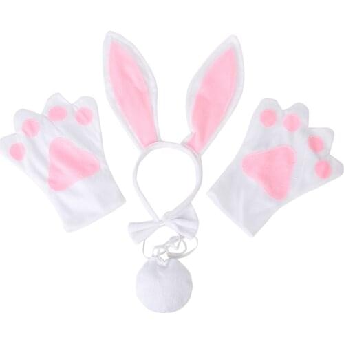 New White Rabbit Cosplay Christmas Halloween Costume Outfit Headband Gloves Tie Tail 4pcs Set