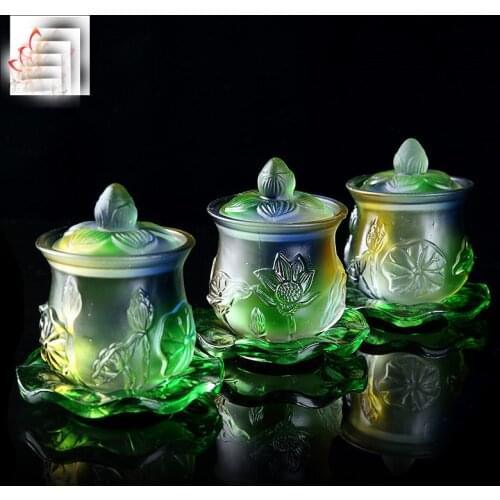 Wholesale Buddhist articles -efficacious HOME family Protection Talisman-3 Color Glaze Lotus saintly temple cup Holy water cup
