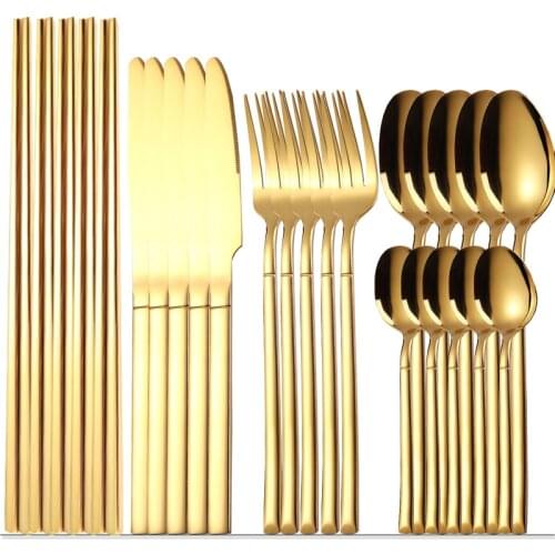 Covered Golden Cutlery Flatware Set Gold Silverware Dinnerware Korean Kitchen Supplies Dinning Table Spoon Fork Knife Chopsticks