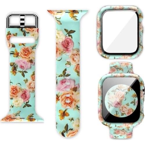 Flowers pattern Silicone Strap for Apple Watch Band 44mm 40mm 38mm 42mm Spots printing Band Series PC+Tempered Glass Case
