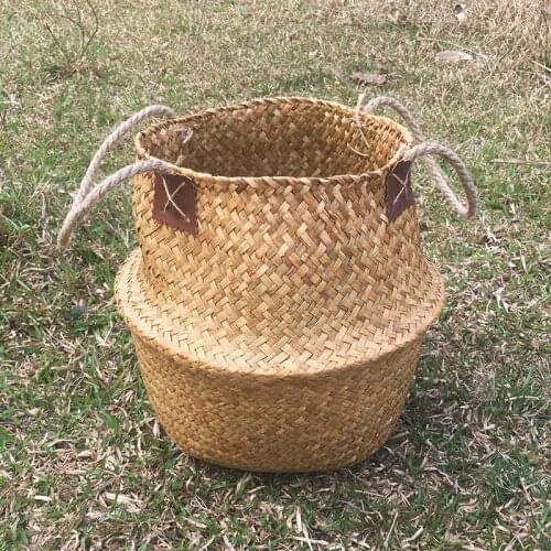 Folding Flower Plant Pot Straw Seagrass Storage Baskets Handmade Hanging Wicker Basket Home Decoration