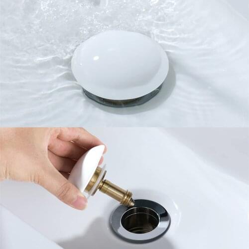 Brass Pop-Up Drain With/Without Overflow Hole Drain Bathroom Basin Push Down Waste Drainer, Chrome Ceramic Cover