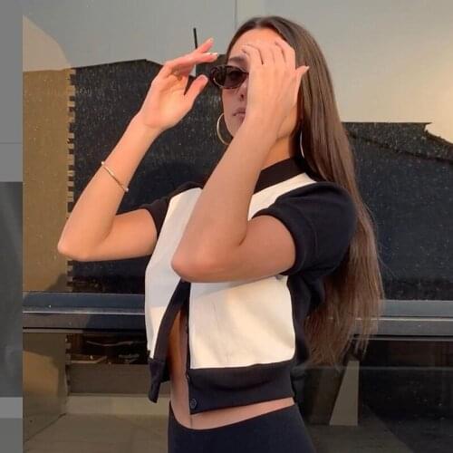 Women Classic Elegant Patchwork Short T-Shirt Vintage Cardigan 2021 Fashion Short Sleeve Turn-down Collar Crop Top Streetwear