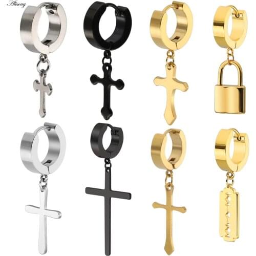 Alisouy 2pcs Small Hoop Earring for Women Cartilage Earring Lock Blade Cross Earrings for Women HQ Stainless Steel ear Jewelry