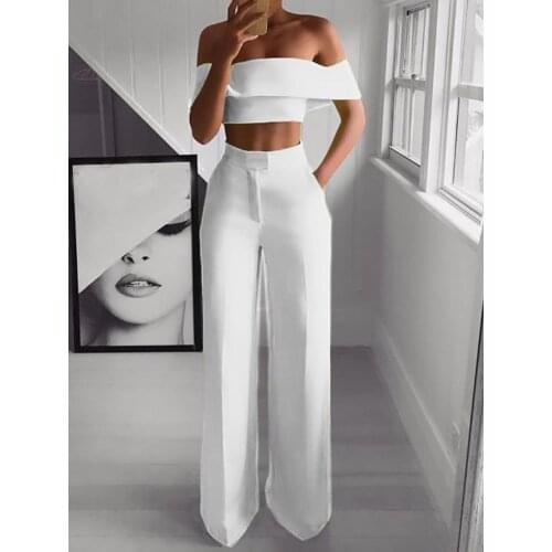 Summer White Black 2 Piece Set Women Clothing Wide Leg Pants Suits Sexy Cropped Top + Long Trousers Fashion Woman Tracksuits