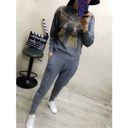 Amolapha Women Winter Thicken Handmade Sequined Beaded Pattern Knitted Sweaters +Trousers 2 Pieces Tracksuits Clothing Sets