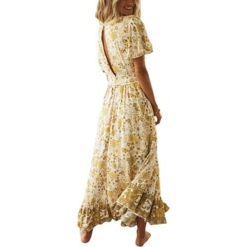 Women Boho Floral Print Ruffle Long Dress Sexy Deep V Neck Short Sleeve Backless Female Fashion Beach Vacation Dresses 2021 New