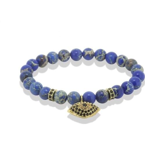 1PC Antique Natrual Imperial Stone Bracelet with Paved Black CZ Charm Evil Eye Stone Bracelets for Men Statement