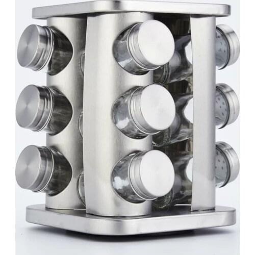 12 bottles of glass seasoning jar stainless steel rotating and square seasoning bottle set with rotatable stand