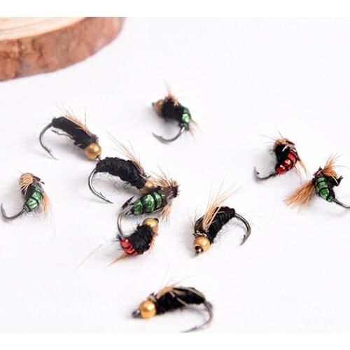 6PCS #8 Brass Bead Head Fast Sinking Nymph Scud Fly Dry Bug Worm Trout Fishing Flies Artificial Insect Fishing Bait Lure Set