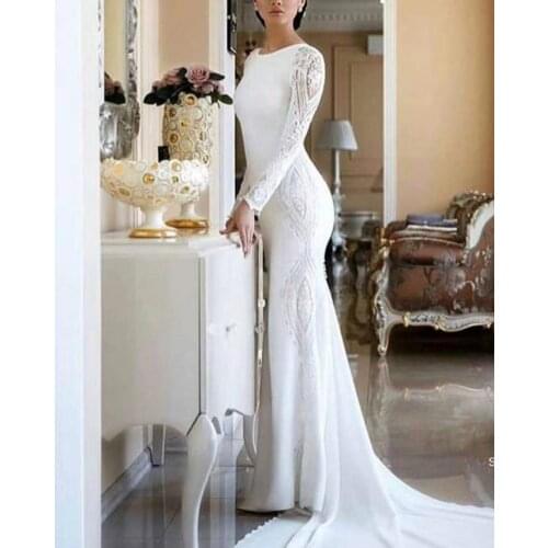 7525#Boho Wedding Dresses Scoop Lace Soft Satin Bridal Gowns Backless Long Sheath Princess Wedding Party Dress Vintage 2021