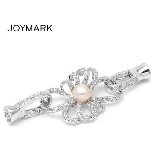 925 Sterling Silver Pearl Jewelry Findings Zircon Pave Flower Connector With Lobster Clasps End Caps SC-CZ115