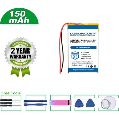 LOSONCOER Battery 150mAh PL331223V Battery For Xiaomi Mi Band 2 Band2 Mountaineering Running Watch 2 Wire Smart Wristband