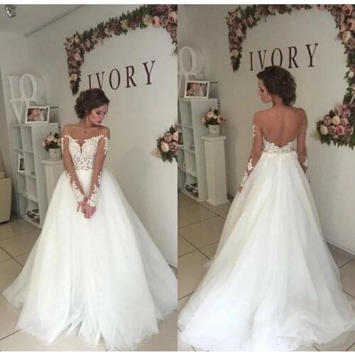 Angelsbridep Long Sleeves A-Line Wedding Dress Vestidos De Noiva Sexy Backless See-Through Bodice Court Train Formal Bride Dress