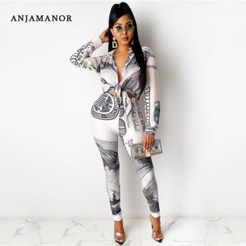 ANJAMANOR Money Print Sexy Deep V Neck Long Sleeve Jumpsuits Party Night Club Wear One Piece Outfit Women Clothes D42-DB37