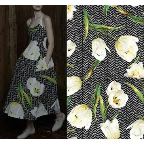 White flowers Print Silk 3d fabric Women Super Poplin satin stretch fabric Woven For Sewing cloth dress spandex telas metros
