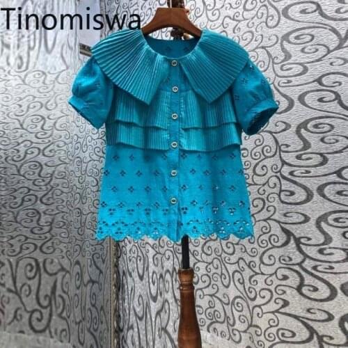Tinomiswa 2021 Summer Shirts Women Turn Down Collar Short Sleeve Single Breasted Tops Solid Color Cut Out Blouse Korean Fashion