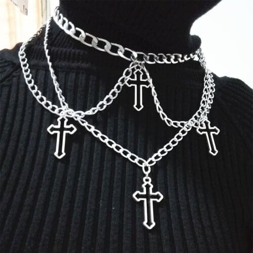 Goth Style Punk Silver Color Hollow Cross Pendant Necklaces for Women Girl Hip hop Accessories Jewelry Multilayer Chain Chokers