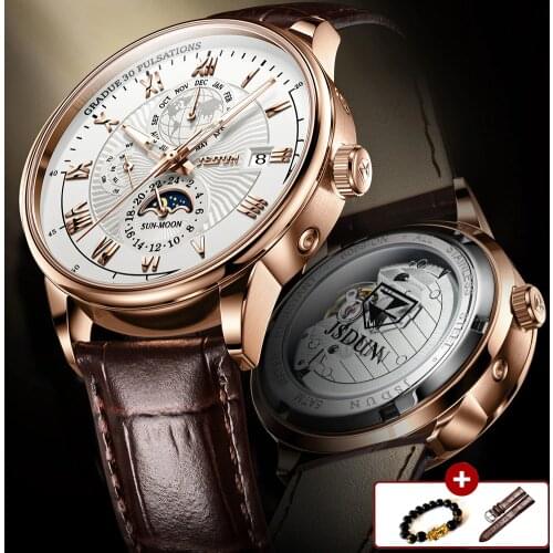 Top Brand Luxury Mechanical Watch Men Automatic Leather Casual Waterproof Sports Moon Phase Wristwatch Reloj Hombre +Box