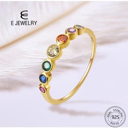 E Real Sterling Silver 925 Rainbow Ring Womens Color Cubic Zirconia Rings 14K Gold plated Eternity Wedding Rings Jewelry