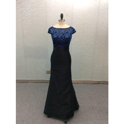 Elegant Round Neck Long Navy Blue Mermaid Evening Dresses Lace Pleat Floor Length Zipper Back Formal Party Dresses for Women